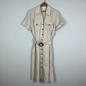 Charter Club Shirt Dress 12 Beige 100% Linen Midi Button Up Belted Short Sleeve‎